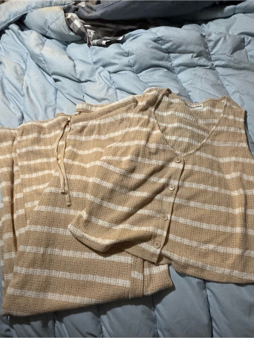 Beige and White Striped Women's Cardigan Sleeveless top and Pants